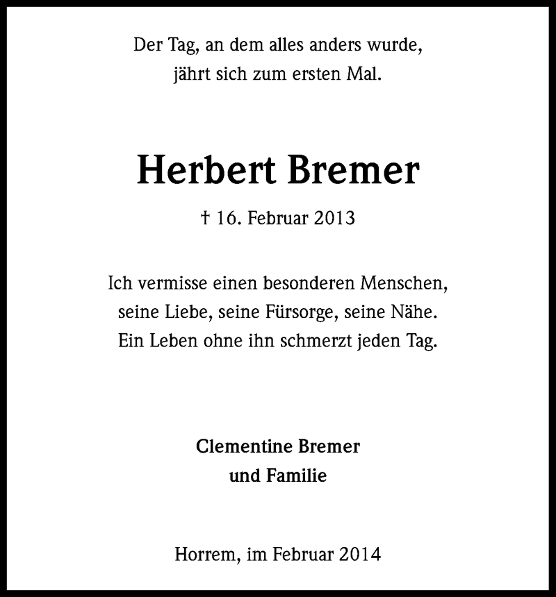  Traueranzeige für Herbert Bremer vom 15.02.2014 aus Kölner Stadt-Anzeiger / Kölnische Rundschau / Express