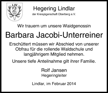 Anzeige von Barbara Jacobi-Unterreiner von Kölner Stadt-Anzeiger / Kölnische Rundschau / Express