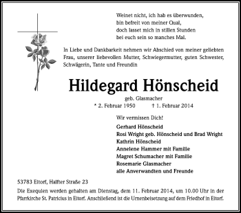 Anzeige von Hildegard Hönscheid von Kölner Stadt-Anzeiger / Kölnische Rundschau / Express