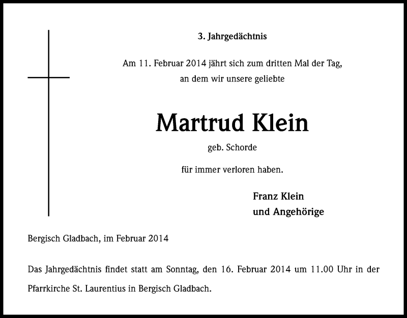  Traueranzeige für Martrud Klein vom 12.02.2014 aus Kölner Stadt-Anzeiger / Kölnische Rundschau / Express