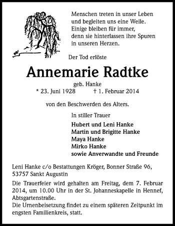 Anzeige von Annemarie Radtke von Kölner Stadt-Anzeiger / Kölnische Rundschau / Express