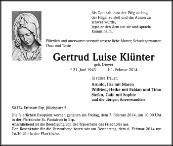Anzeige von Gertrud Luise Klünter von Kölner Stadt-Anzeiger / Kölnische Rundschau / Express