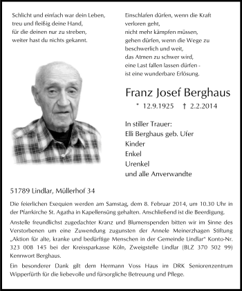 Anzeige von Franz Josef Berghaus von Kölner Stadt-Anzeiger / Kölnische Rundschau / Express
