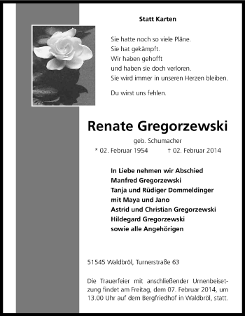 Anzeige von Renate Gregorzewski von Kölner Stadt-Anzeiger / Kölnische Rundschau / Express