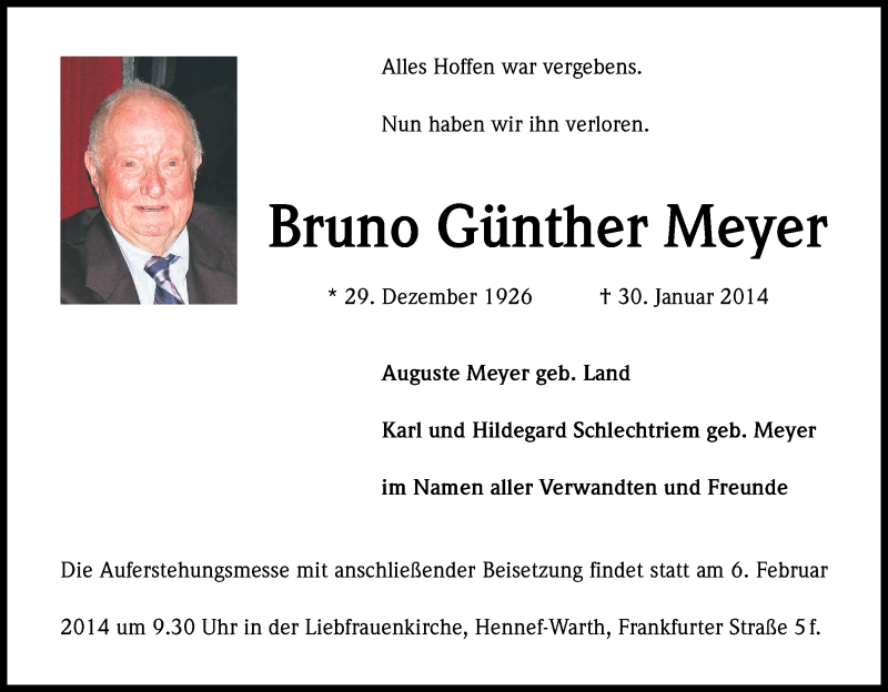  Traueranzeige für Bruno Günther Meyer vom 05.02.2014 aus Kölner Stadt-Anzeiger / Kölnische Rundschau / Express