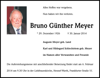 Anzeige von Bruno Günther Meyer von Kölner Stadt-Anzeiger / Kölnische Rundschau / Express
