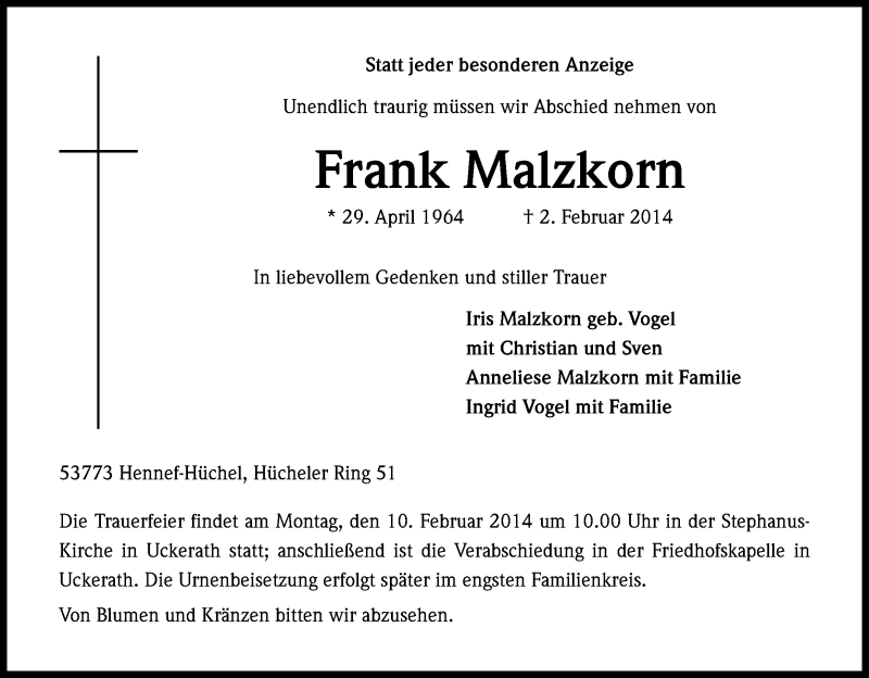  Traueranzeige für Frank Malzkorn vom 05.02.2014 aus Kölner Stadt-Anzeiger / Kölnische Rundschau / Express