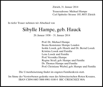 Anzeige von Sibylle Hampe von Kölner Stadt-Anzeiger / Kölnische Rundschau / Express