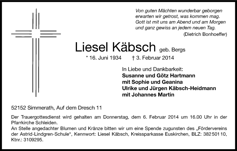  Traueranzeige für Liesel Käbsch vom 05.02.2014 aus Kölner Stadt-Anzeiger / Kölnische Rundschau / Express