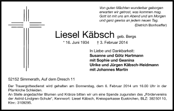 Anzeige von Liesel Käbsch von Kölner Stadt-Anzeiger / Kölnische Rundschau / Express