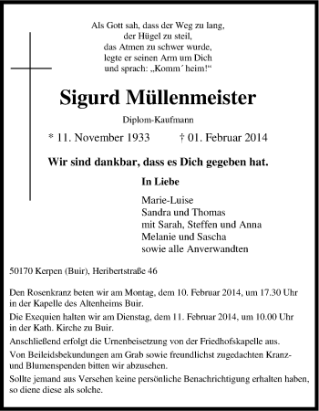 Anzeige von Sigurd Müllenmeister von Kölner Stadt-Anzeiger / Kölnische Rundschau / Express