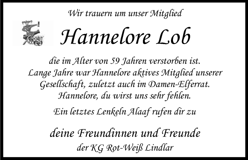  Traueranzeige für Hannelore Lob vom 08.02.2014 aus Kölner Stadt-Anzeiger / Kölnische Rundschau / Express