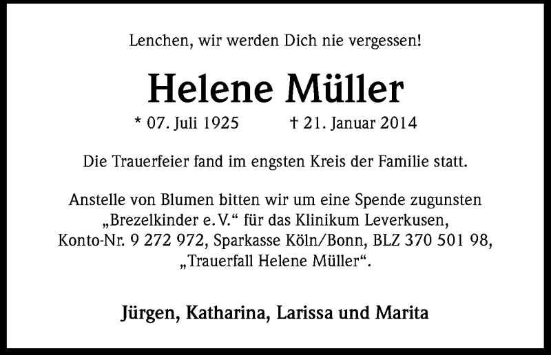  Traueranzeige für Helene Müller vom 08.02.2014 aus Kölner Stadt-Anzeiger / Kölnische Rundschau / Express