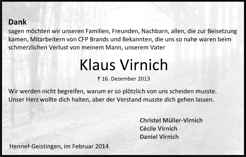  Traueranzeige für Klaus Virnich vom 05.02.2014 aus Kölner Stadt-Anzeiger / Kölnische Rundschau / Express