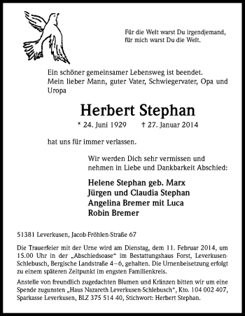 Anzeige von Herbert Stephan von Kölner Stadt-Anzeiger / Kölnische Rundschau / Express