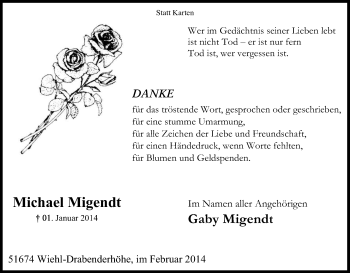 Anzeige von Michael Migendt von Kölner Stadt-Anzeiger / Kölnische Rundschau / Express