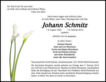 Anzeige von Johann Schmitz von Kölner Stadt-Anzeiger / Kölnische Rundschau / Express