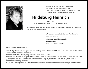 Anzeige von Hildeburg Heinrich von Kölner Stadt-Anzeiger / Kölnische Rundschau / Express