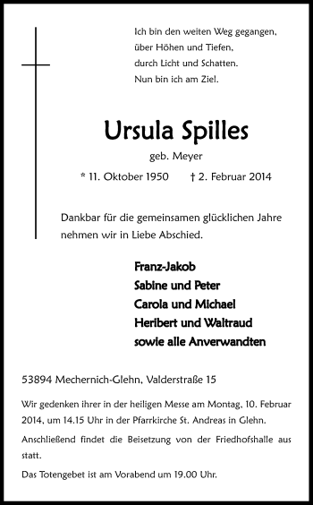 Anzeige von Ursula Spilles von Kölner Stadt-Anzeiger / Kölnische Rundschau / Express