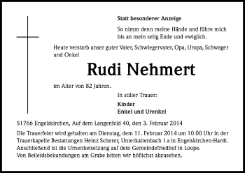 Anzeige von Rudi Nehmert von Kölner Stadt-Anzeiger / Kölnische Rundschau / Express