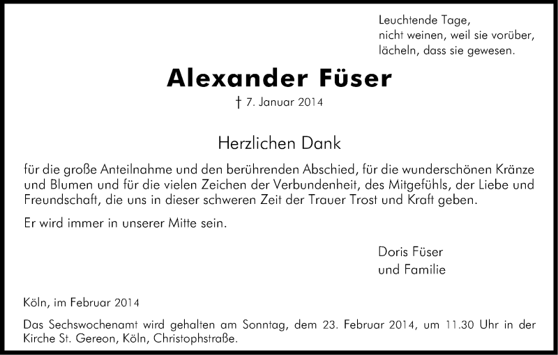  Traueranzeige für Alexander Füser vom 08.02.2014 aus Kölner Stadt-Anzeiger / Kölnische Rundschau / Express
