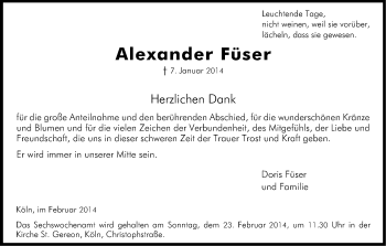 Anzeige von Alexander Füser von Kölner Stadt-Anzeiger / Kölnische Rundschau / Express