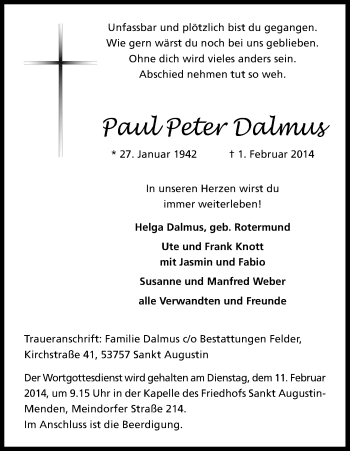Anzeige von Paul Peter Dalmus von Kölner Stadt-Anzeiger / Kölnische Rundschau / Express