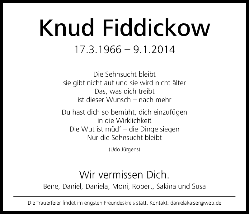  Traueranzeige für Knud Fiddickow vom 08.02.2014 aus Kölner Stadt-Anzeiger / Kölnische Rundschau / Express