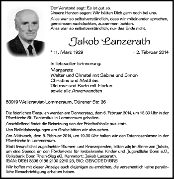 Anzeige von Jakob Lanzerath von Kölner Stadt-Anzeiger / Kölnische Rundschau / Express