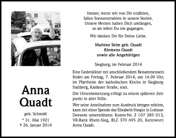 Anzeige von Anna Quadt von Kölner Stadt-Anzeiger / Kölnische Rundschau / Express