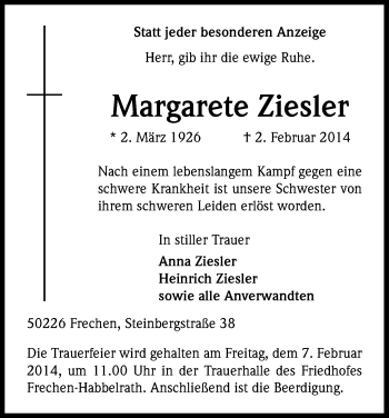 Anzeige von Margarete Ziesler von Kölner Stadt-Anzeiger / Kölnische Rundschau / Express