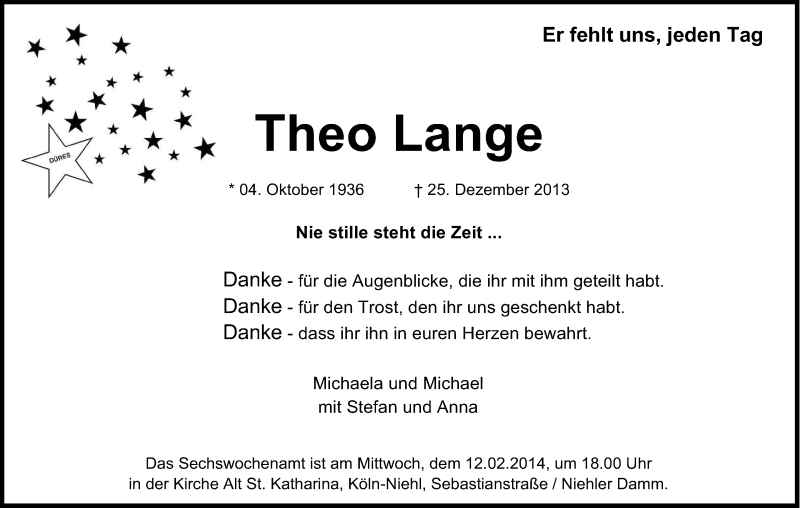  Traueranzeige für Theo Lange vom 08.02.2014 aus Kölner Stadt-Anzeiger / Kölnische Rundschau / Express
