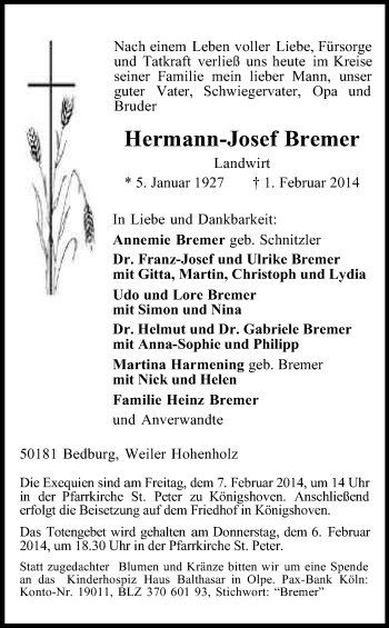 Anzeige von Hermann-Josef Bremer von Kölner Stadt-Anzeiger / Kölnische Rundschau / Express