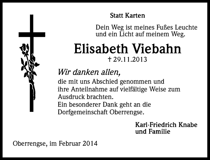  Traueranzeige für Elisabeth Viebahn vom 05.02.2014 aus Kölner Stadt-Anzeiger / Kölnische Rundschau / Express