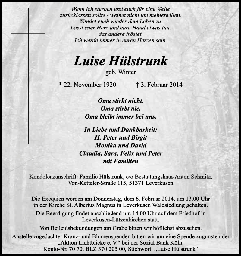  Traueranzeige für Luise Hülstrunk vom 05.02.2014 aus Kölner Stadt-Anzeiger / Kölnische Rundschau / Express