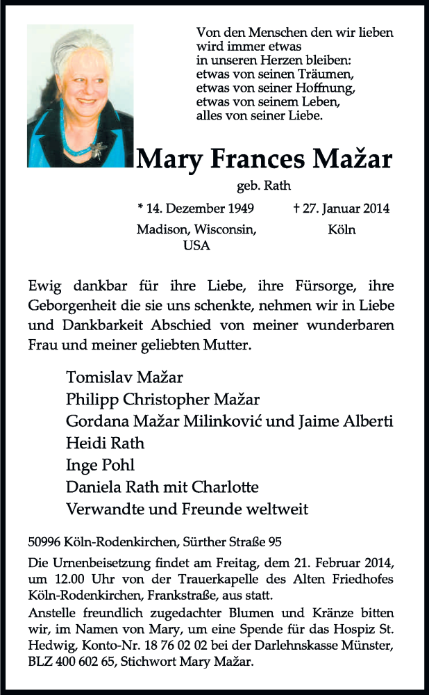  Traueranzeige für Mary Frances Mažar vom 08.02.2014 aus Kölner Stadt-Anzeiger / Kölnische Rundschau / Express