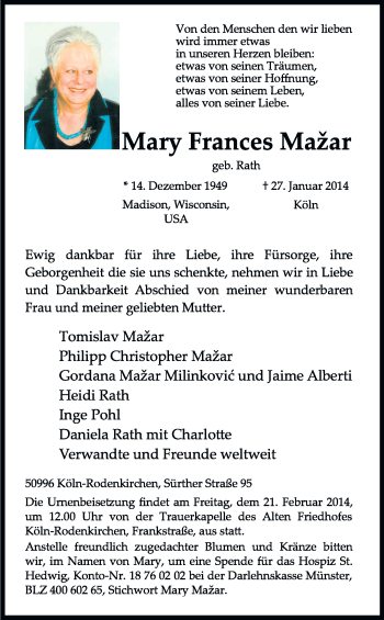 Anzeige von Mary Frances Mažar von Kölner Stadt-Anzeiger / Kölnische Rundschau / Express