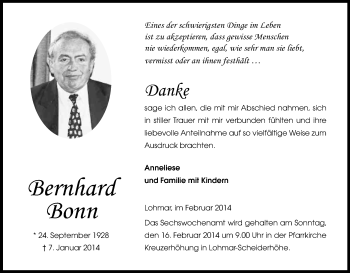 Anzeige von Bernhard Bonn von Kölner Stadt-Anzeiger / Kölnische Rundschau / Express