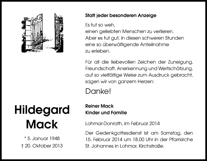  Traueranzeige für Hildegard Mack vom 08.02.2014 aus Kölner Stadt-Anzeiger / Kölnische Rundschau / Express