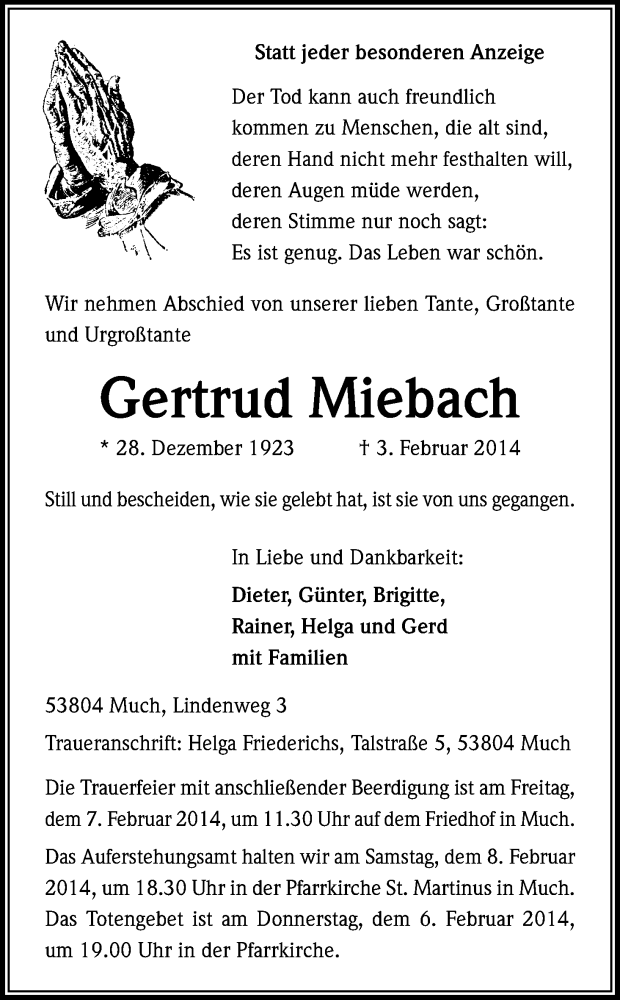  Traueranzeige für Gertrud Miebach vom 05.02.2014 aus Kölner Stadt-Anzeiger / Kölnische Rundschau / Express
