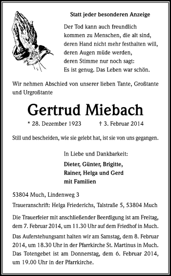 Anzeige von Gertrud Miebach von Kölner Stadt-Anzeiger / Kölnische Rundschau / Express