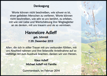 Anzeige von Hannelore Adleff von Kölner Stadt-Anzeiger / Kölnische Rundschau / Express