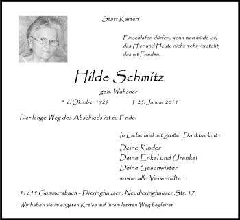 Anzeige von Hilde Schmitz von Kölner Stadt-Anzeiger / Kölnische Rundschau / Express