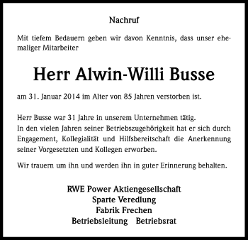 Anzeige von Alwin-Willi Busse von Kölner Stadt-Anzeiger / Kölnische Rundschau / Express