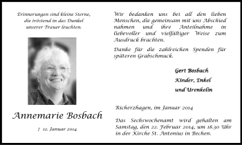 Anzeige von Annemarie Bosbach von Kölner Stadt-Anzeiger / Kölnische Rundschau / Express