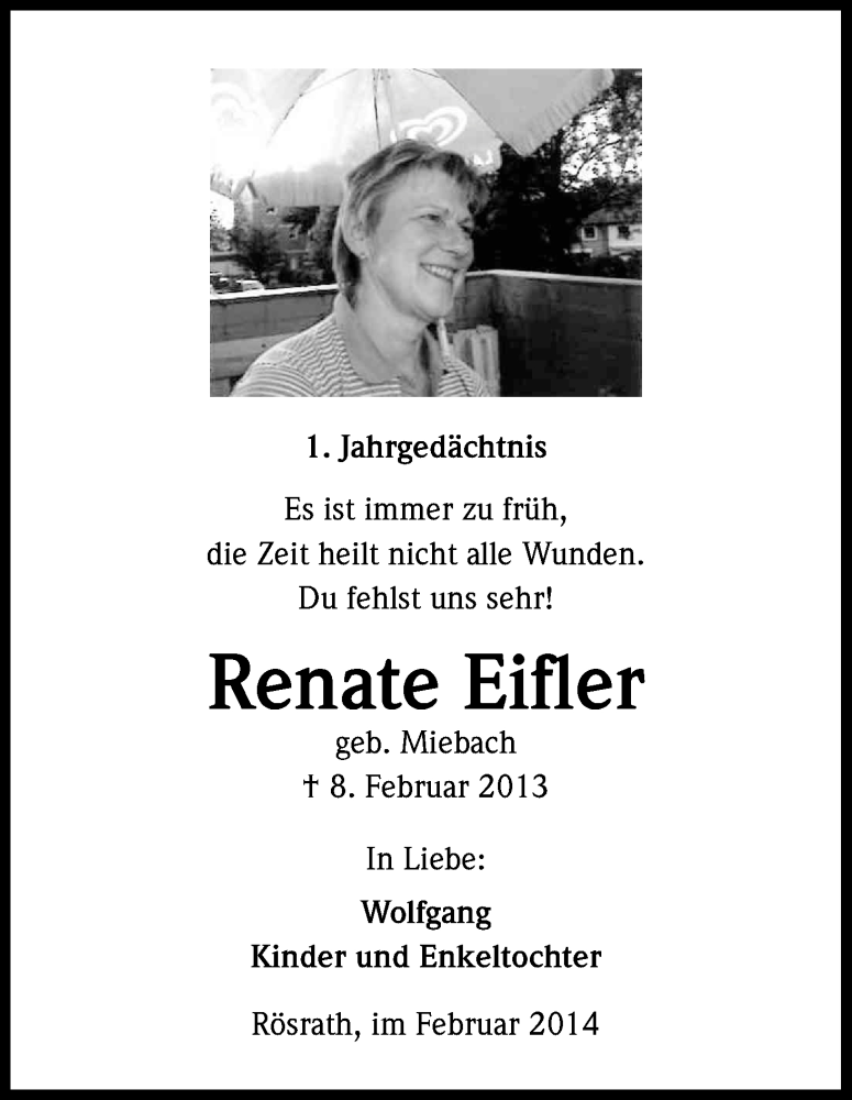  Traueranzeige für Renate Eifler vom 08.02.2014 aus Kölner Stadt-Anzeiger / Kölnische Rundschau / Express