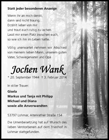 Anzeige von Jochen Wank von Kölner Stadt-Anzeiger / Kölnische Rundschau / Express