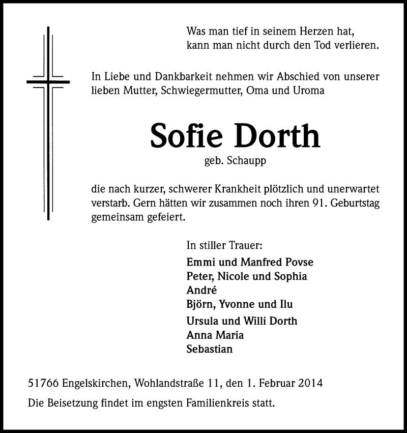  Traueranzeige für Sofie Dorth vom 06.02.2014 aus Kölner Stadt-Anzeiger / Kölnische Rundschau / Express