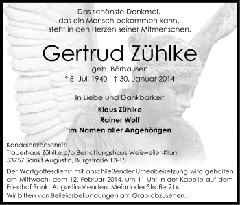 Anzeige von Gertrud Zühlke von Kölner Stadt-Anzeiger / Kölnische Rundschau / Express