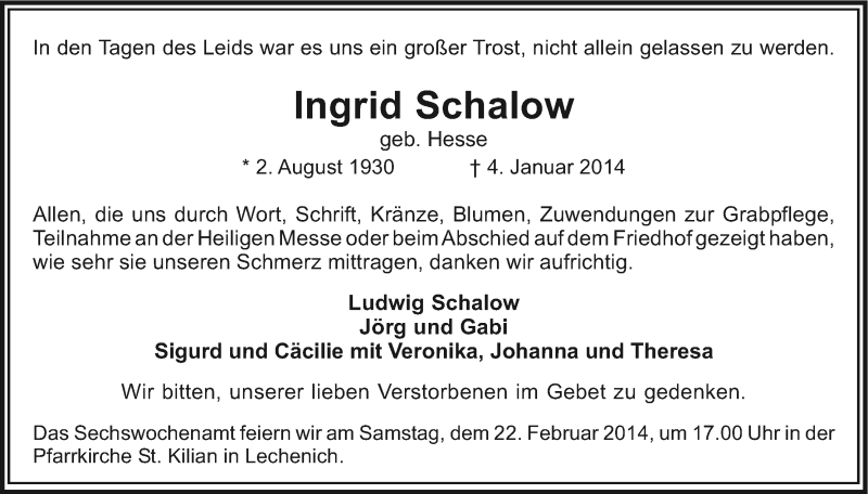  Traueranzeige für Ingrid Schalow vom 15.02.2014 aus Kölner Stadt-Anzeiger / Kölnische Rundschau / Express